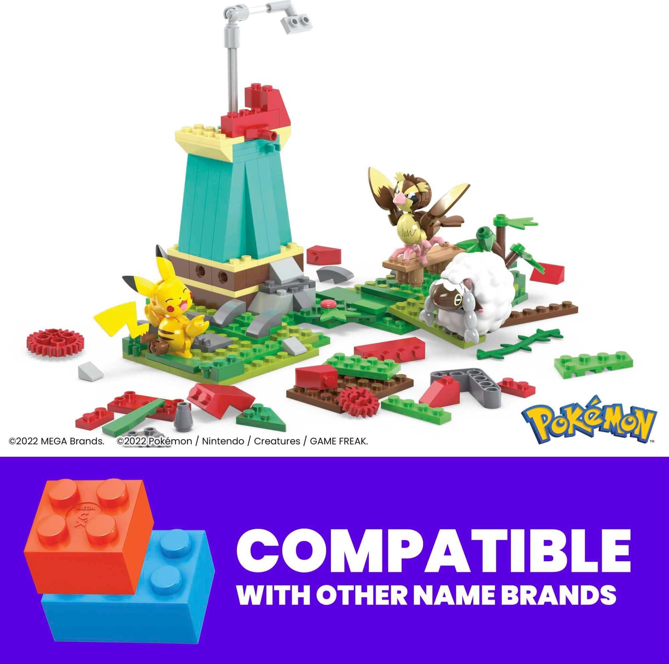 MEGA Pokemon Action Figure Building Toy Set — 240 Pieces, Windmill Motion Brick, Pikachu, Pidgey & Wooloo | Gift Idea for Kids | Mega Brands